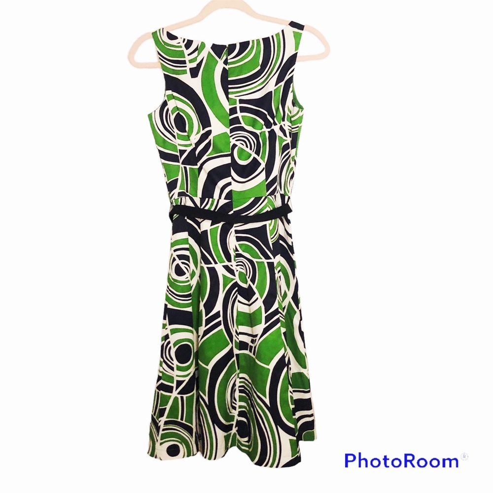 Retro mod green black & white abstract print dress